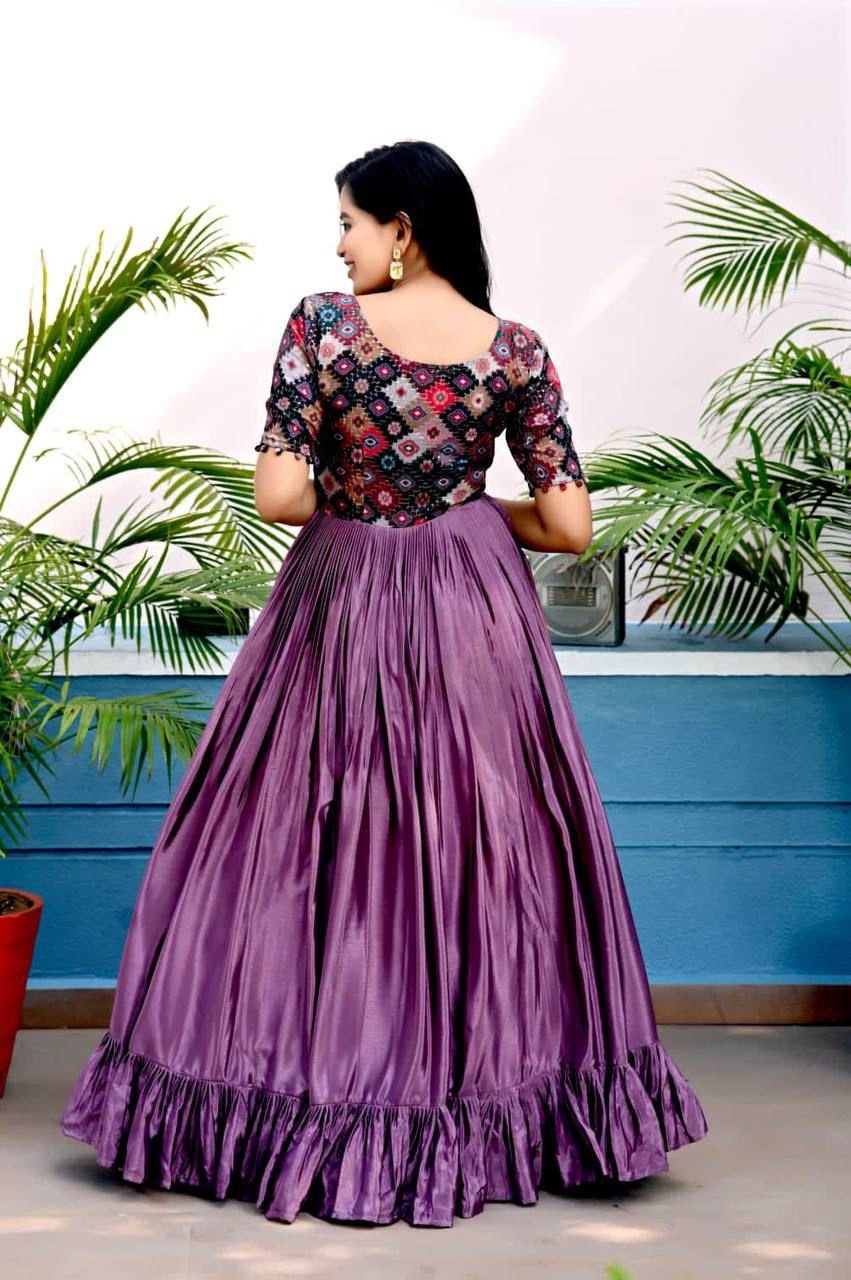 Attractive Chinon Silk Embroidered Gown